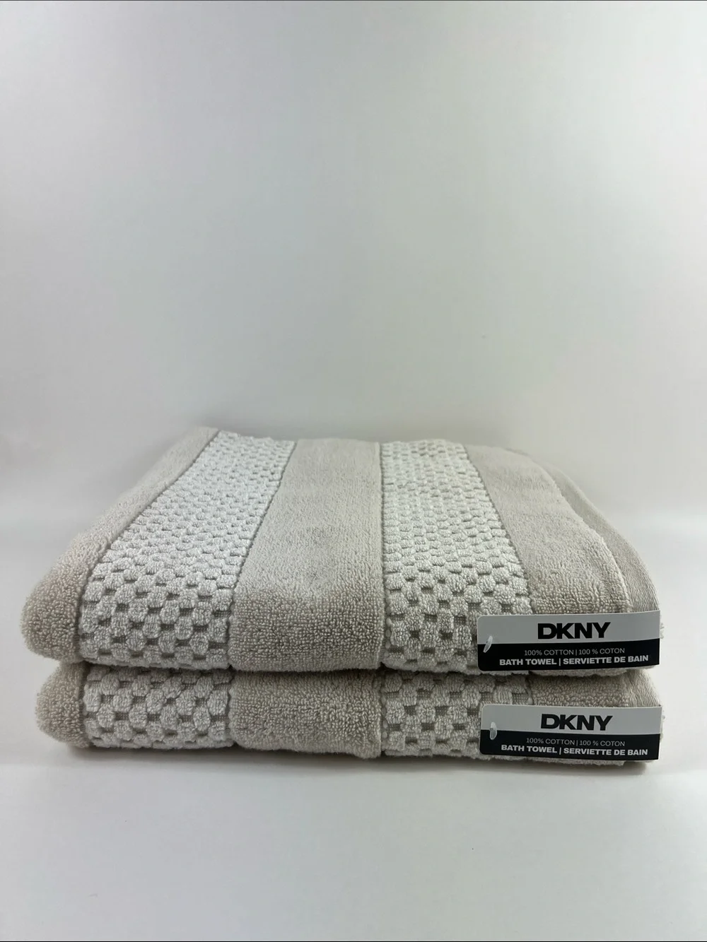 DKNY Bath Towels Tan White Textured Soft Plush 100% Cotton 8 Pc Set NEW
